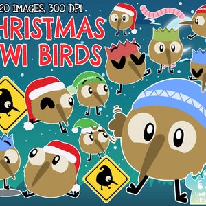 Christmas Kiwi Bird Clipart, Black and White, Digital Stamps, Commercial Use Clip Art, New Zealand, NZ, Aotearoa, Xmas, Down Under, Kiwiana