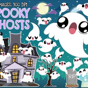 Spooky Ghosts Clipart, Black and White, Digital Stamps, Commercial Clip Art, Haunted House, Dead Tree, Spirit  Gravestone, Halloween, Moon