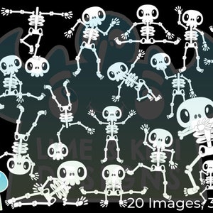 May include: Twenty white cartoon skeletons in various poses on a black background. The skeletons are all in different positions, some are standing, some are sitting, and some are dancing. The skeletons are all smiling and have big eyes.