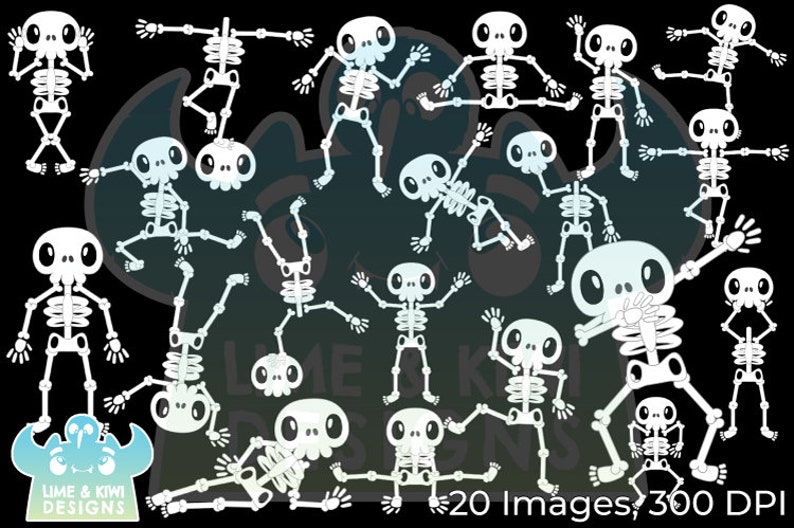 May include: Twenty white cartoon skeletons in various poses on a black background. The skeletons are all in different positions, some are standing, some are sitting, and some are dancing. The skeletons are all smiling and have big eyes.