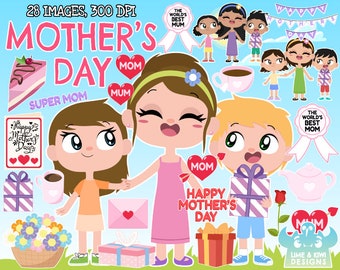 Mother's Day Clipart, Black and White, Digital Stamps, Mom, Mum, Present, Gift, Coffee, Tea, Kettle, Rose, Flowers, Heart, Mother's day card