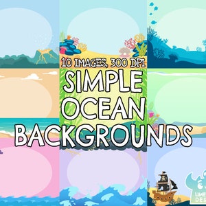 Proste tła oceanu Clipart, natychmiastowe pobieranie sztuki, komercyjne wykorzystanie Clip Art, plaża, las wodorostów, morze, wulkan, ramka, wrak statku
