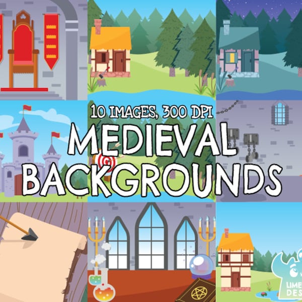 Medieval Backgrounds Clipart, Black and White, Digital Stamps, Commercial Use Clip Art, Castle, Dungeon, Countryside, Village, Knight, King