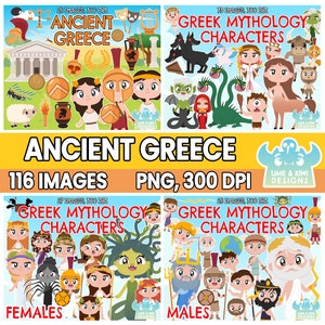 Peut inclure: Un ensemble de clipart numérique de 116 images illustrant des personnages et des objets de la mythologie grecque antique. Les images sont au format PNG et ont une résolution de 300 DPI. L'ensemble comprend des personnages masculins et féminins, ainsi que des créatures et des objets mythologiques.