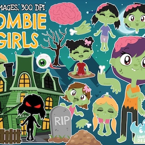 Zombie Girls Clipart, Black and White, Digital Stamps, Brain, Haunted House, Halloween, Trick or Treat, Gravestone Haunted Mansion Dead Tree