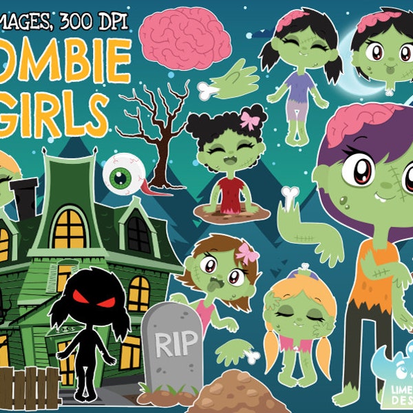 Zombie Girls Clipart, Black and White, Digital Stamps, Brain, Haunted House, Halloween, Trick or Treat, Gravestone Haunted Mansion Dead Tree
