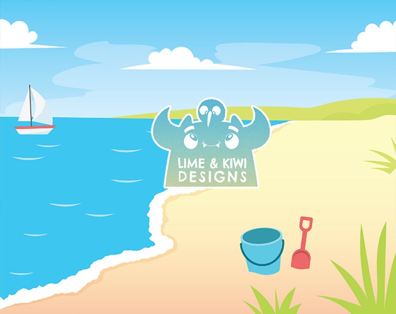 Puede incluir: Una ilustraci&oacute;n de dibujos animados de un monstruo azul con un p&aacute;jaro kiwi en la cabeza. El monstruo est&aacute; en una playa con un cubo azul y una pala roja. El texto "Lime & Kiwi Designs" est&aacute; debajo del monstruo.