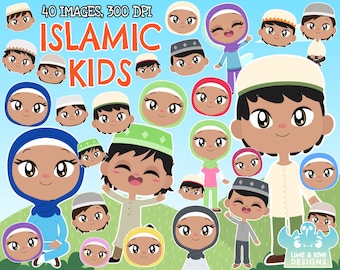 Islamic/Muslim Kids Clipart, Black and White, Digital Stamps, Commercial Use Clip Art, Boy, Girl, Child, Children, Kids of the World Arabic