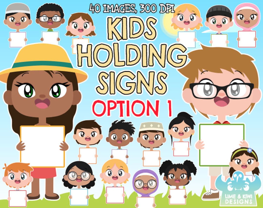 Kids Holding Signs (option 1) Clipart, Black and White, Digital Stamps ...