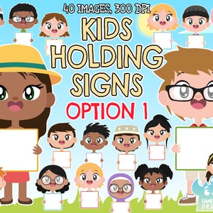 Kids Holding Signs (Option 1) Clipart, Black and White, Digital Stamps, Learning Kids, School Kids, Caucasian kids, African American kids