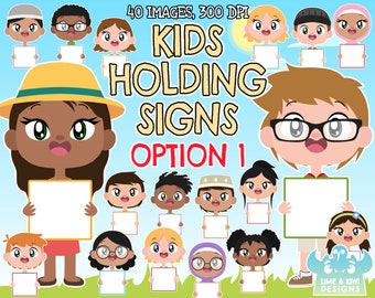 Kids Holding Signs (Option 1) Clipart, Instant Download, Learning Kids, School Kids, Caucasian kids, African American kids, Asian kids