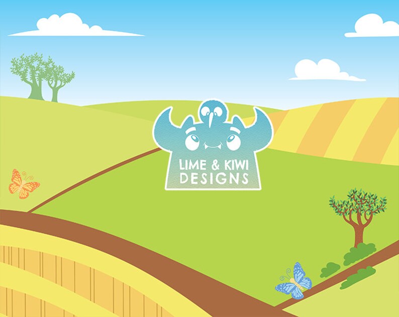 Puede incluir: Un monstruo azul de dibujos animados con un p&aacute;jaro kiwi en la cabeza, sobre un paisaje verde y amarillo con un cielo azul y nubes blancas. El monstruo tiene un contorno blanco y el texto "Lime & Kiwi Designs" est&aacute; debajo.