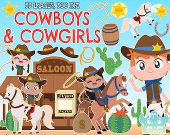 Cowboys and Cowgirls Clipart, Black and White, Digital Stamps, Saloon, Wild West, Western, Cacti, Cactus, Horse, Sheriff, Lasoo, Rope