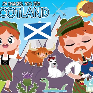 Scotland Clipart, Black and White, Digital Stamps, United Kingdom, UK, Scottish, Loch Ness, Highlands, Haggis, Bagpipes, Thistle, Haggis