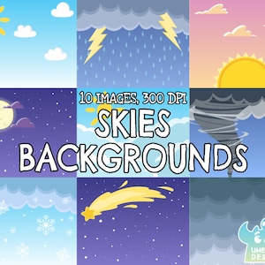 Skies Achtergronden Clipart, Zwart-wit, Digitale Postzegels, Commerciële Clip Art, Zon, Wolken, Regen, Tornado, Vallende ster, Bliksem, Wind