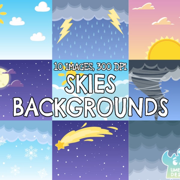 Skies Backgrounds Clipart, Instant Download Art, Commercial Use Clip Art, Sun, Clouds, Rain, Tornado, Shooting star, Lightning, Wind