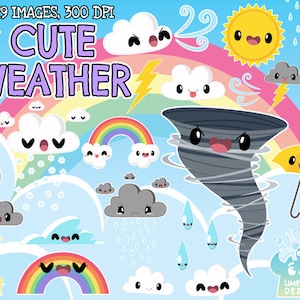 Cute Weather Clipart, Black and White, Digital Stamps, Sun, Cloud, Rain, Rainbow, Sunshine, Storm, Lightning, Hail, Thermostat, Seasons Snow