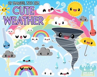 Cute Weather Clipart, Instant Download, Sun, Cloud, Rain, Rainbow, Sunshine, Storm, Lightning, Hail, Thermostat, Seasons, Snowflake, Snow