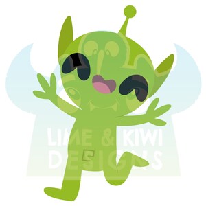 Puede incluir: Un extraterrestre verde con ojos grandes y una gran sonrisa est&aacute; saltando con los brazos extendidos. El extraterrestre tiene un halo azul claro a su alrededor. El texto "Lime & Kiwi Designs" es visible en el fondo.