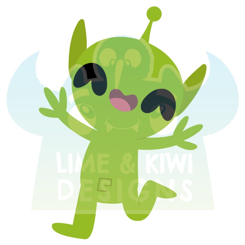 Puede incluir: Un extraterrestre verde con ojos grandes y una gran sonrisa est&aacute; saltando con los brazos extendidos. El extraterrestre tiene un halo azul claro a su alrededor. El texto "Lime & Kiwi Designs" es visible en el fondo.