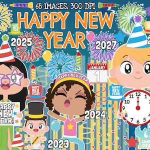 Happy New Year clipart, Black and White, Digital Stamps, Celebrations, New Years Eve, Balloon, Midnight, Fireworks clipart, Party, Top hat