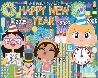 Happy New Year clipart, Instant Download Art, Celebrations, New Years Eve, Balloon, Midnight, Fireworks clipart, Party, Tophat, Star