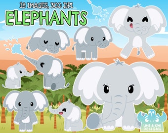 Elephants Clipart, Instant Download Art, Commercial Use Clip Art, Kawaii Elephants, Baby Elephants, Safari Jungle Baby, Balloon