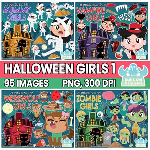 Halloween Girls Clipart Bundle 1, Black and White, Digital Stamps,  Haunted House, Vampire Girls, Mummy Girls, Zombie Girls, Werewolf Girls