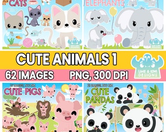 Cute Animals Clipart Bundle 1, Cute Pigs, Cute Baby Elephants, Cute Pandas, Cute Cats, Mud, Hay, Balloon, Bamboo, Yard, Carboard box, Wings