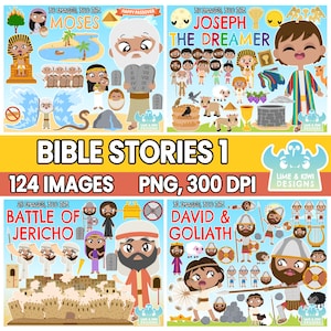 Paquete de imágenes prediseñadas de Historias Bíblicas 1, Blanco y Negro, Sellos Digitales, José el Soñador, Moisés, David y Goliat, La Batalla de Jericó, Dios