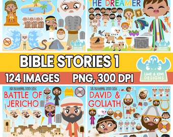 Bible Stories Clipart Bundle 1, Black and White, Digital Stamps, Joseph the Dreamer, Moses, David and Goliath, The Battle of Jericho, God