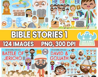 聖書物語クリップアートバンドル1、白黒、デジタルスタンプ、夢見るヨセフ、モーゼ、ダビデとゴリアテ、エリコの戦い、神