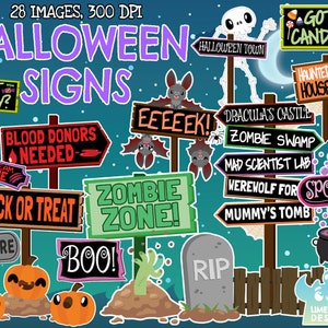 Halloween Signs Clipart, Black and White, Digital Stamps, Commercial Clip Art, Gravestone, Signpost, Pumpkin, Skull, Trick or Treat, Spooky