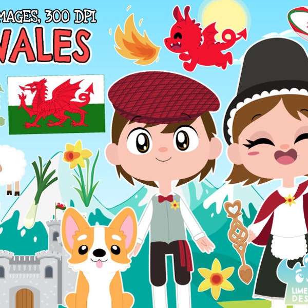 Wales Clipart, Instant Download, Red Dragon, Welsh, Daffodil, Leek, United Kingdom, Sheep, Corgi, UK, Rugby Ball, Castle, Fire, Flame Flower