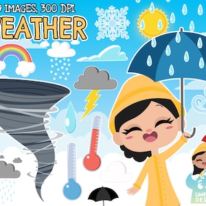May include: A set of 29 weather-themed illustrations, including a rainbow, clouds, sun, rain, snow, lightning, a tornado, thermometers, and a girl holding an umbrella. The illustrations are in a cartoon style and are perfect for use in educational materials, children's books, or craft projects.