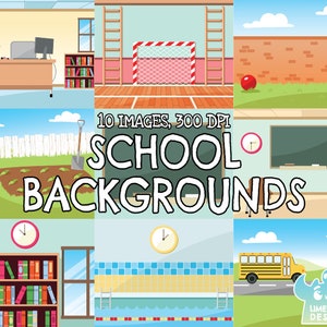 School Backgrounds Clipart, Black and White, Digital Stamps, Commercial Clip Art, Classroom, School bus, Pool, Gymnasium, Gym Library Garden