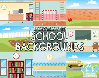 School Backgrounds Clipart, Instant Download Art, Commercial Use Clip Art, Classroom, School bus, Pool, Gymnasium, Gym Library Garden