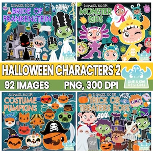 Halloween Characters Clipart Bundle 2, Black and White, Digital Stamps,  Trick or Treaters, Costume Kids, Costume, Bride of Frankenstein