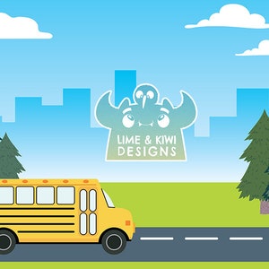 May include: A yellow school bus driving on a road with a blue sky and white clouds in the background. The bus is driving past a city skyline with trees on either side of the road. The text "Lime & Kiwi Designs" is visible in the upper center of the image.