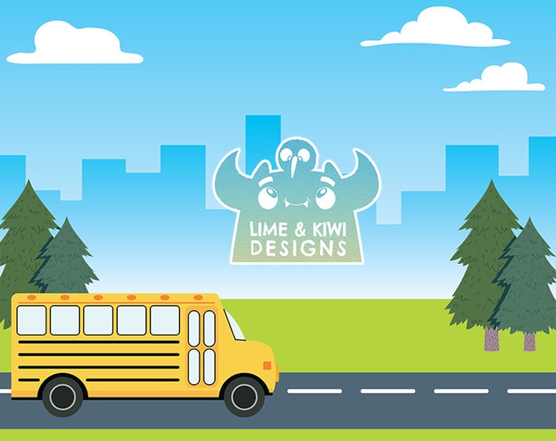May include: A yellow school bus driving on a road with a blue sky and white clouds in the background. The bus is driving past a city skyline with trees on either side of the road. The text "Lime & Kiwi Designs" is visible in the upper center of the image.