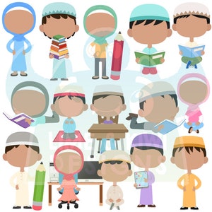 May include: A set of 15 cartoon illustrations of children wearing various head coverings and clothing. The children are holding different objects, such as books, pencils, and tablets. The illustrations are in a variety of colors and styles.