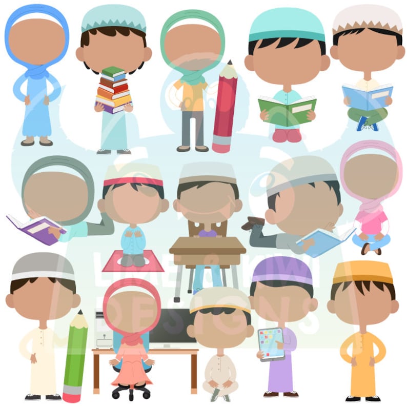 May include: A set of 15 cartoon illustrations of children wearing various head coverings and clothing. The children are holding different objects, such as books, pencils, and tablets. The illustrations are in a variety of colors and styles.