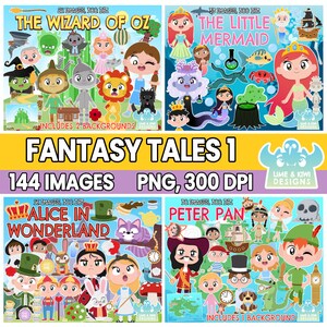 Fantasy Tales Clipart Bundle 1, Black and White, Digital Stamps, The Little Mermaid, Alice in Wonderland, Peter Pan, The Wizard of Oz