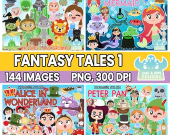 Fantasy Tales Clipart Bundle 1, The Little Mermaid, Alice in Wonderland, Peter Pan, The Wizard of Oz, Fantasy Story, Dorothy Queen of Hearts