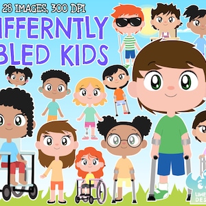 Differently Abled Kids Clipart, Boy, Girl, Children, Kids of the World, Disabled, Disability, Wheelchair, Crutches, Amputee, Prosthetic limb