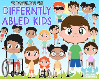 Differently Abled Kids Clipart, Boy, Girl, Children, Kids of the World, Disabled, Disability, Wheelchair, Crutches, Amputee, Prosthetic limb