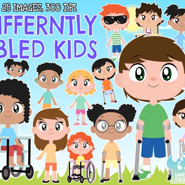 Differently Abled Kids Clipart, Boy, Girl, Children, Kids of the World, Disabled, Disability, Wheelchair, Crutches, Amputee, Prosthetic limb