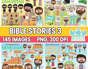 Bible Stories Clipart Bundle 3, Black and White, Digital Stamps, Biblical studies, Abraham and Lot, The Good Samaritan, David and Abigail