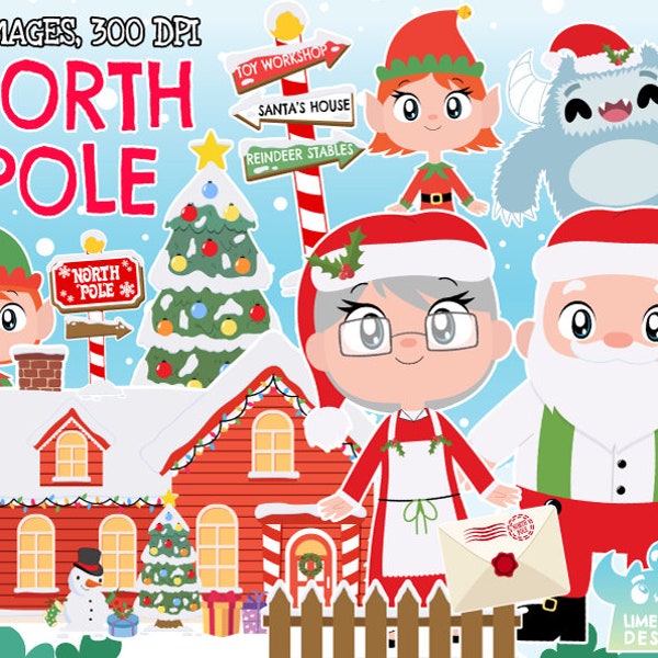 North Pole Clipart, Instant Download Art Commercial Use Clip Art Santa, Mrs. Clause, Elf, Reindeer, Polar Bear, Yeti, Penguin, Sleigh