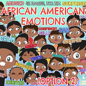 African American Kids Emotions (Option 2) Clipart, Black and White, Digital Stamps, Facial Expressions, Kids Faces, Happy, Sad, Angry